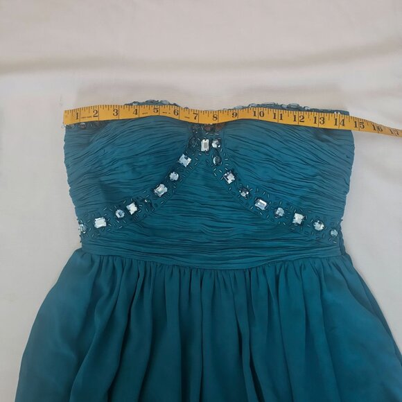 Women's Teal Chiffon Strapless Rhinestone Beaded Bodice High-Low Hem Dress Small - Picture 7 of 10